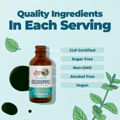 MaryRuth's Chlorophyll Liquid Drops, Delicious Minty Flavor, Vegan, 2 Fl Oz Clean Label Project Certified®, Vegan, Non-Diluted Liquid Chlorophyll, Mulberry Derived Supplement for Ages 14+, Non-GMO