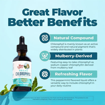 MaryRuth's Chlorophyll Liquid Drops, Delicious Minty Flavor, Vegan, 2 Fl Oz Clean Label Project Certified®, Vegan, Non-Diluted Liquid Chlorophyll, Mulberry Derived Supplement for Ages 14+, Non-GMO