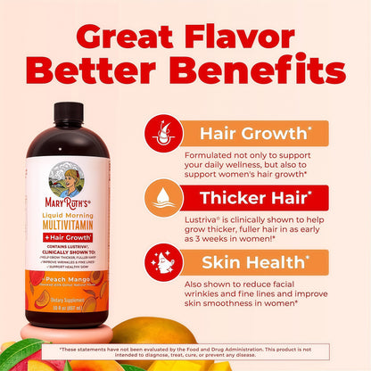 MARYRUTH'S Liquid Multivitamin + Hair Growth, Clinically Thicker Hair, 30oz Clinically Tested in Women for Thicker Hair & Facial Wrinkles, Ages 18+