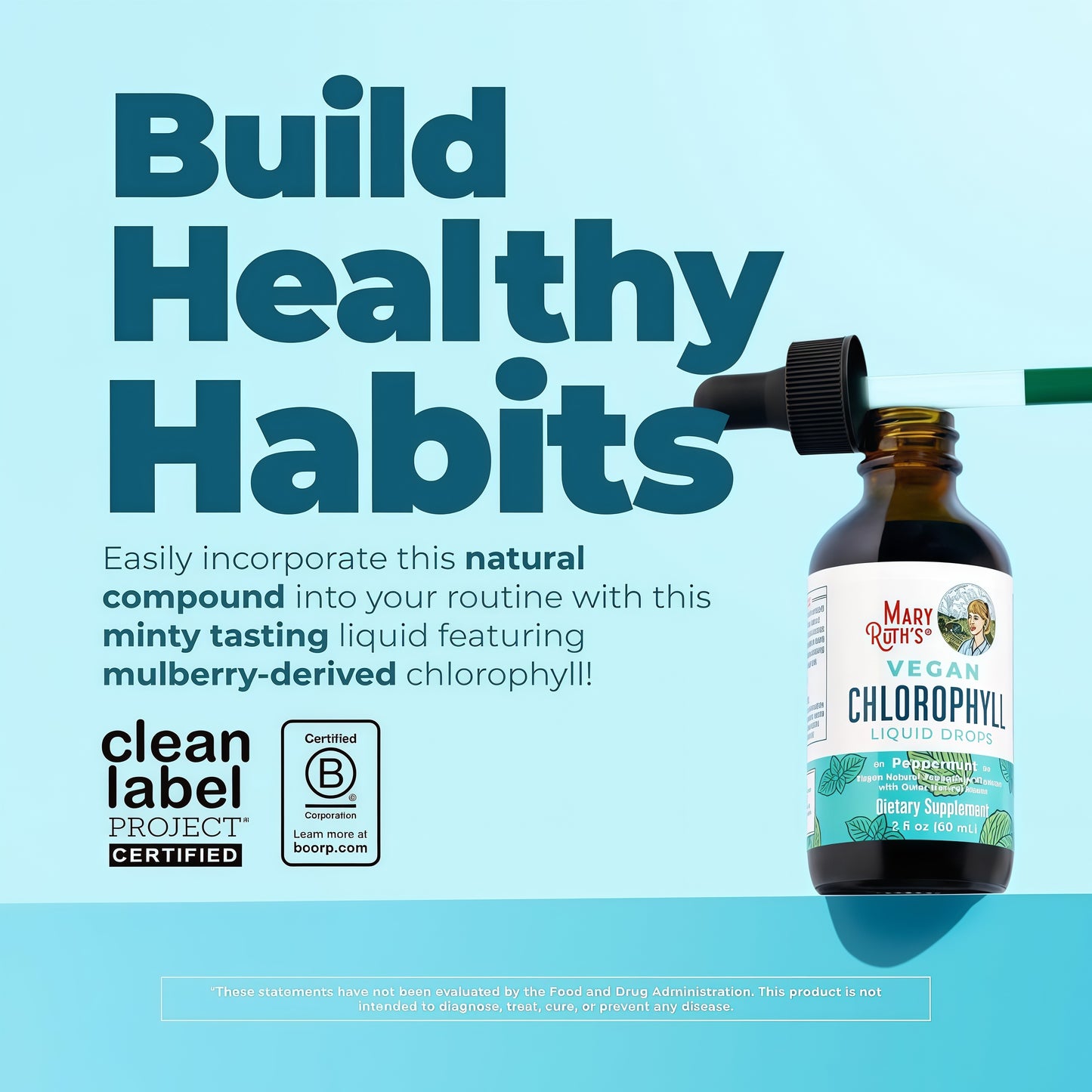MaryRuth's Chlorophyll Liquid Drops, Delicious Minty Flavor, Vegan, 2 Fl Oz Clean Label Project Certified®, Vegan, Non-Diluted Liquid Chlorophyll, Mulberry Derived Supplement for Ages 14+, Non-GMO